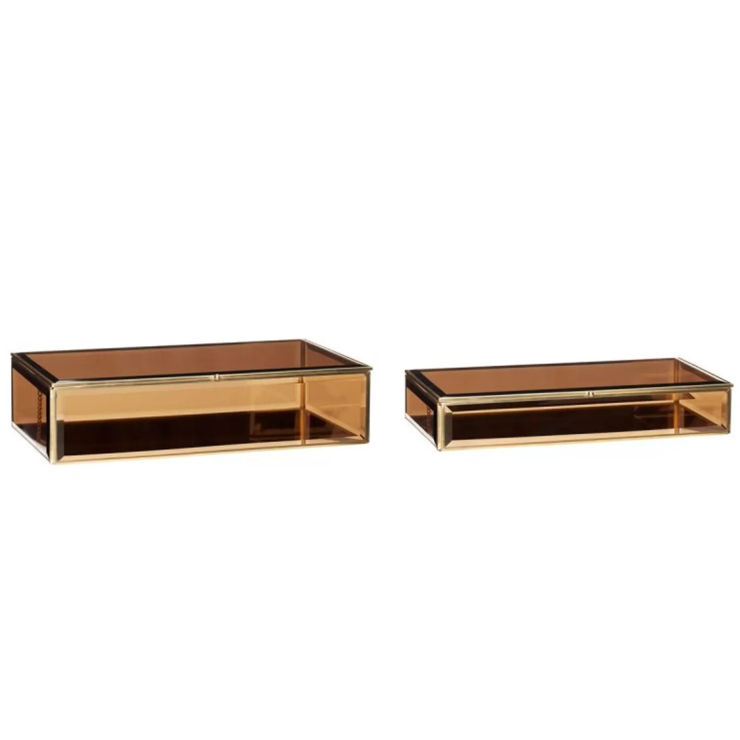 Hübsch Storage^Tint Glass Boxes Large Brass/Amber (Set Of 2) Brass, Brown