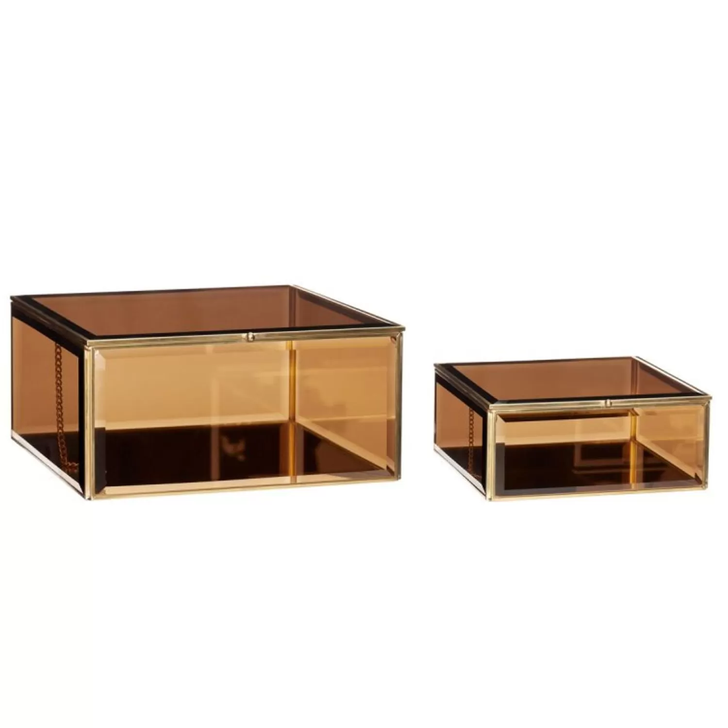 Hübsch Storage^Tint Glass Boxes Small Brass/Amber (Set Of 2) Brass, Brown